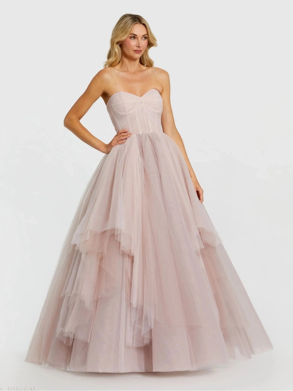 Mac Duggal Strapless Bustier Twist Top Ruffle Ballgown